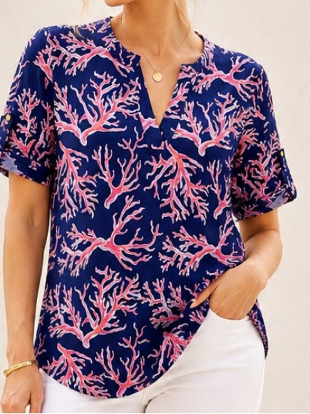 Simply Southern Coastal Old Money Resort Wear Coral Print Tunic, Size Medium